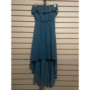 San Joy Teal Blue Strapless Ruffle High Low Maxi Dress Women's S